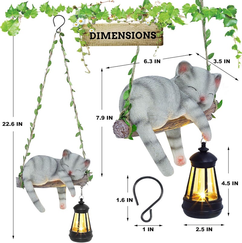 ZaaYee Solar Lighted Garden Outdoor Statue, 22.6" H Hanging Swing Lying with A Sleeping Cat and A LED Lantern, Resin Animal Figurine Hanging Ornaments with Hook for Decoration & Gift - Image 2